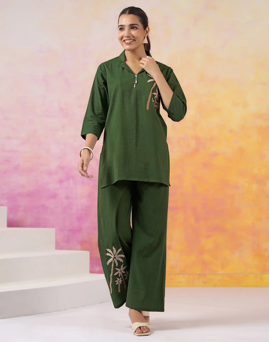 Skylee Cotton Embroidered Lapel Neck Co-ord Set For Woman