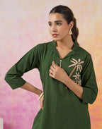 Skylee Cotton Embroidered Lapel Neck Co-ord Set For Woman