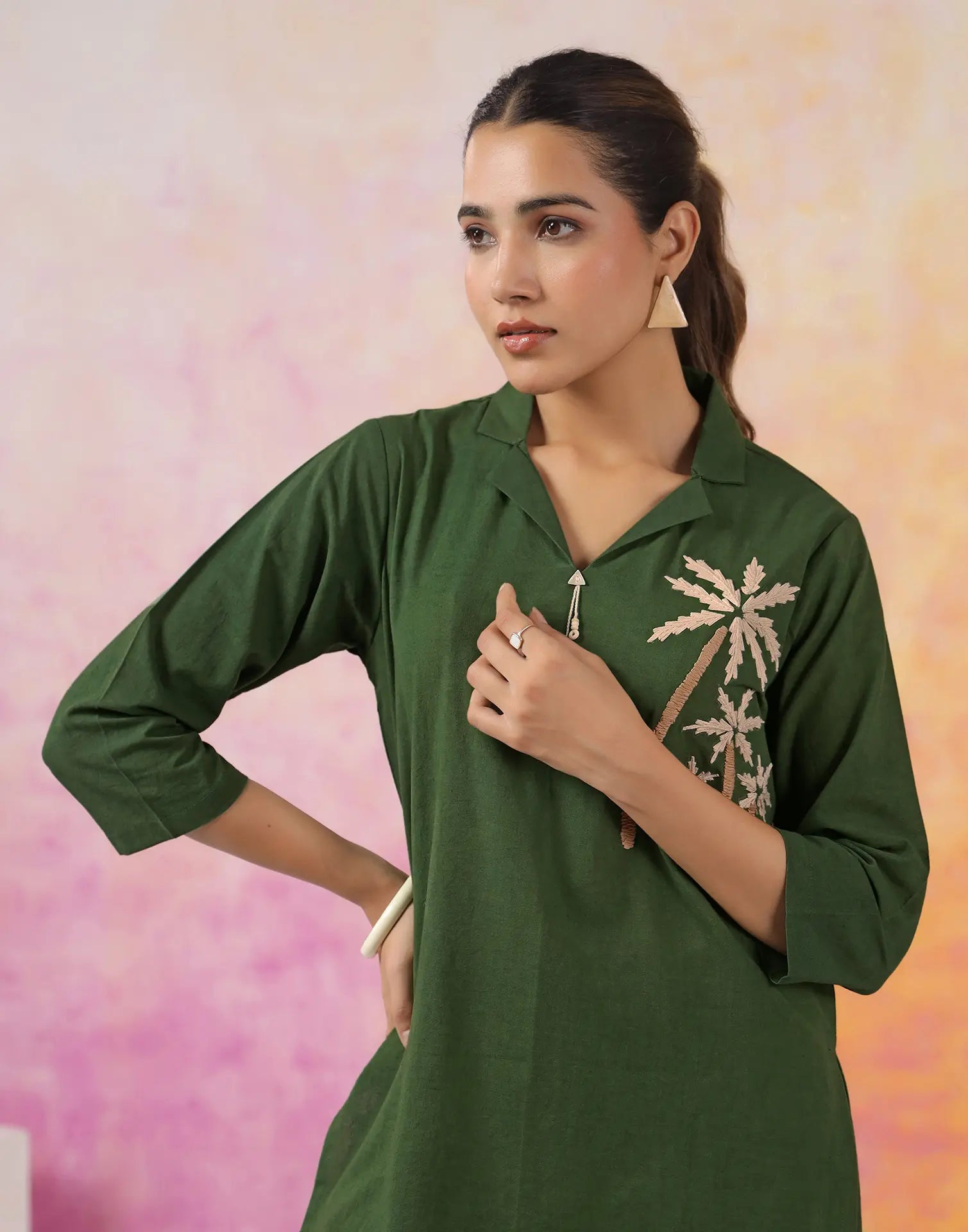 Skylee Cotton Embroidered Lapel Neck Co-ord Set For Woman