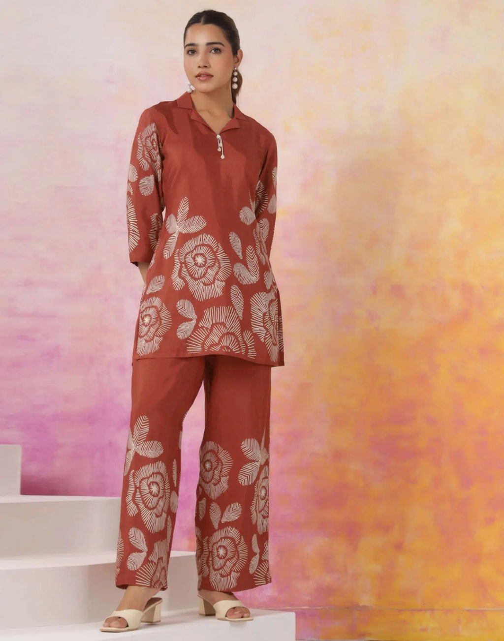 Rust Printed Silk Lapel Neck Co-ords Set