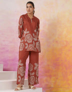Rust Printed Silk Lapel Neck Co-ords Set