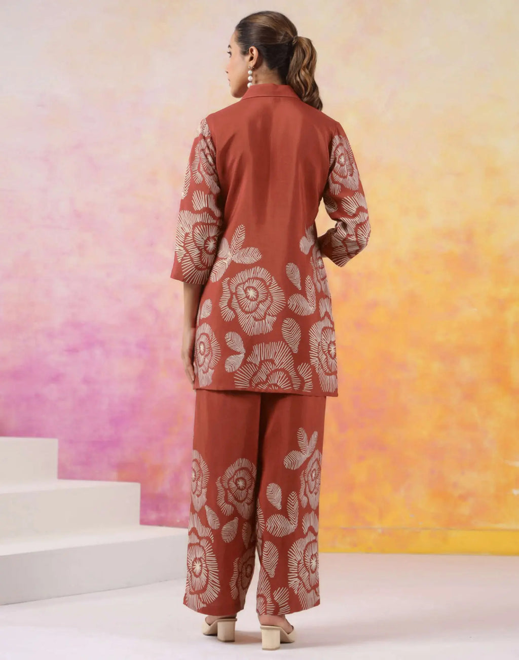Rust Printed Silk Lapel Neck Co-ords Set