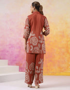 Rust Printed Silk Lapel Neck Co-ords Set