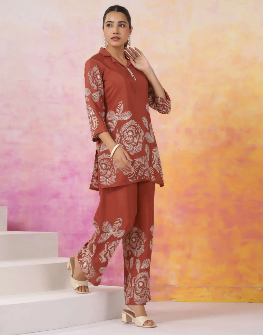 Rust Printed Silk Lapel Neck Co-ords Set
