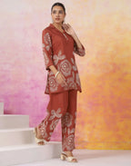Rust Printed Silk Lapel Neck Co-ords Set