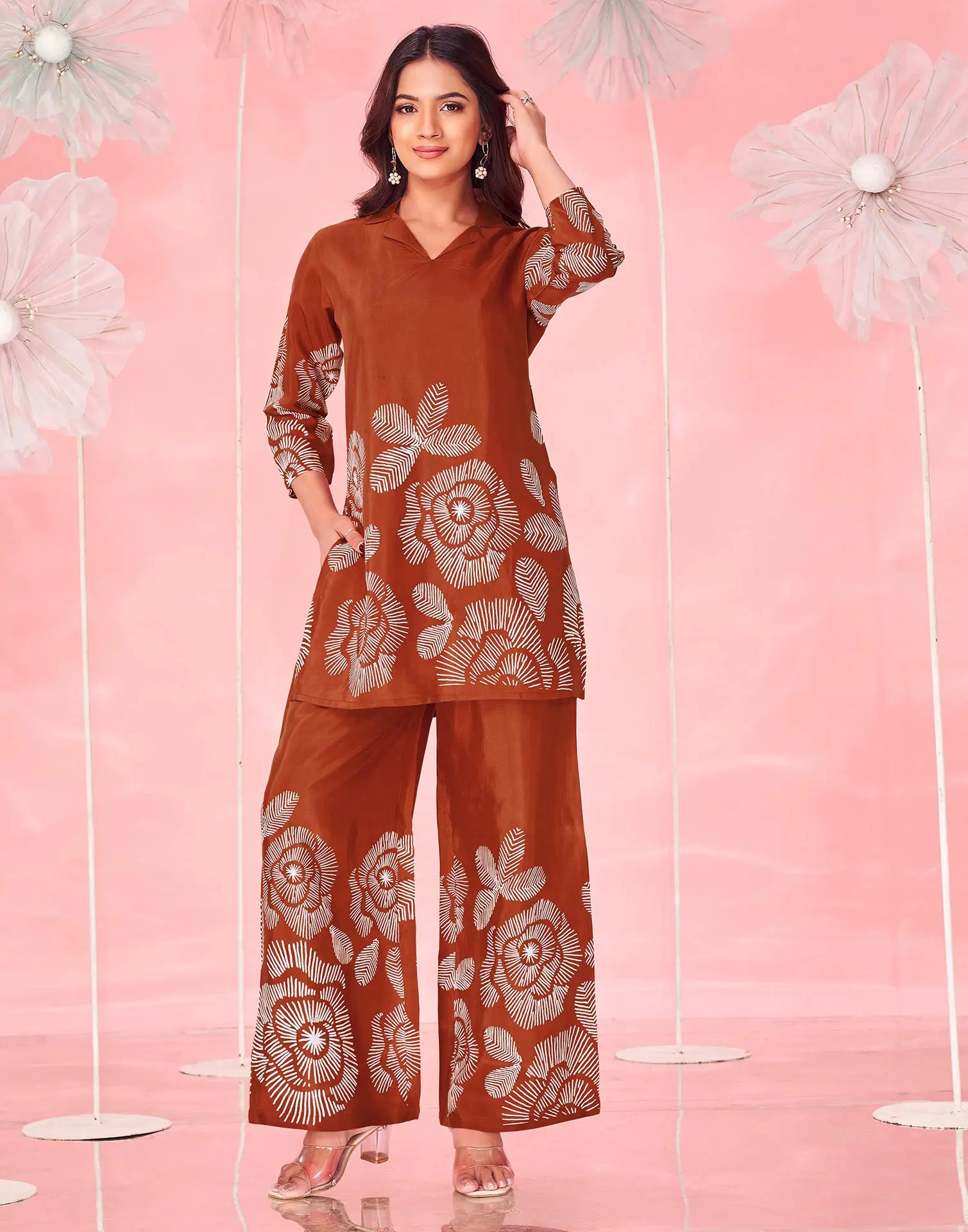 Skylee Rust Printed Silk Lapel Neck Co-ords Set For Woman