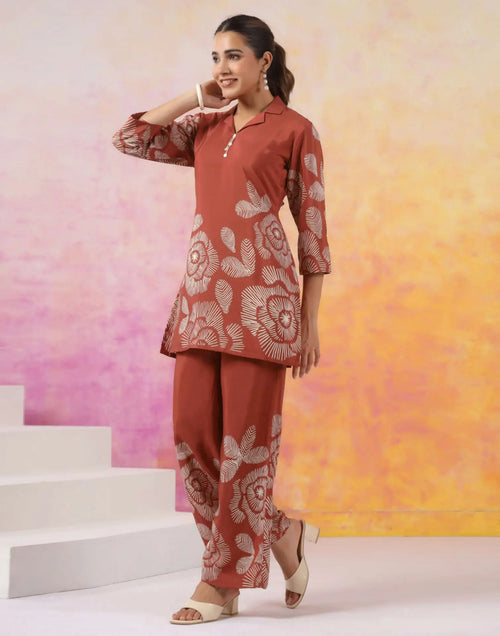 Rust Printed Silk Lapel Neck Co-ords Set
