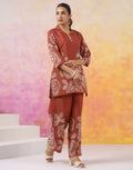 Rust Printed Silk Lapel Neck Co-ords Set