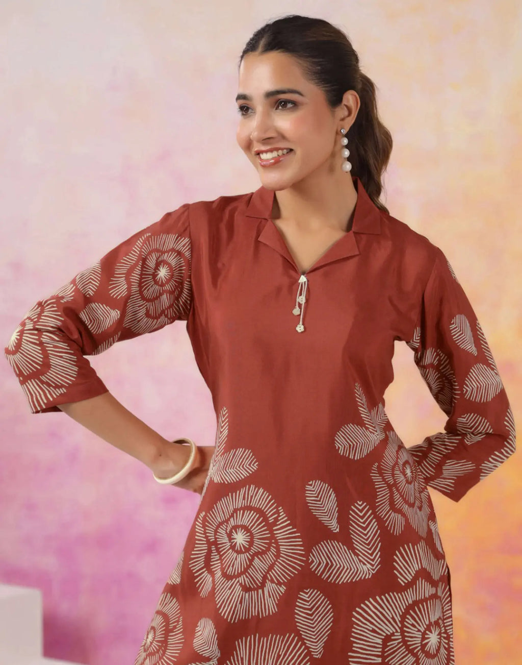 Rust Printed Silk Lapel Neck Co-ords Set