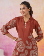 Rust Printed Silk Lapel Neck Co-ords Set