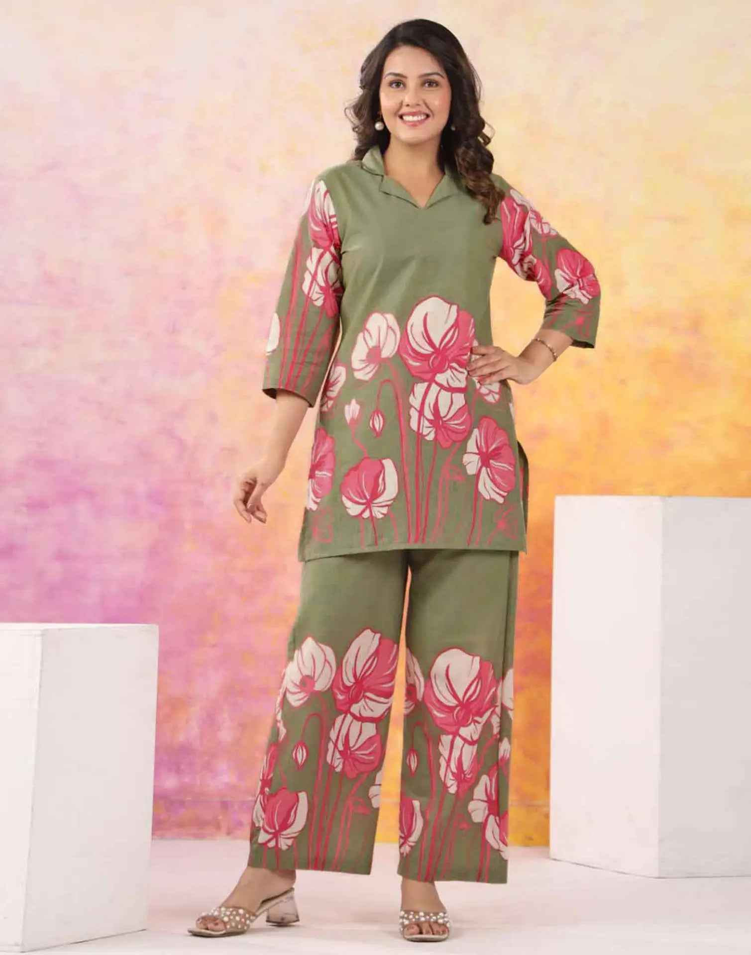 Skylee Cotton Floral Print Spread Neck Co-ord Set For Woman