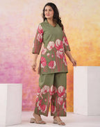 Skylee Cotton Floral Print Spread Neck Co-ord Set For Woman