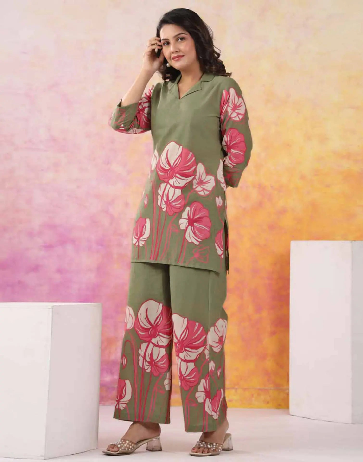 Skylee Cotton Floral Print Spread Neck Co-ord Set For Woman