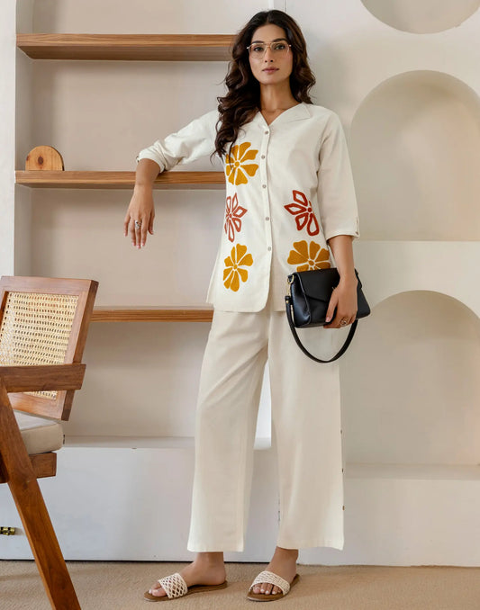 Cotton Flex Embroidered Shirt Collar Co-ords Set