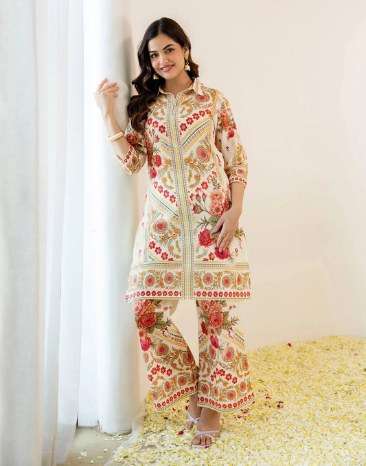 Cottage White Shirt Collar Digital Printed Palazzo Co-ords