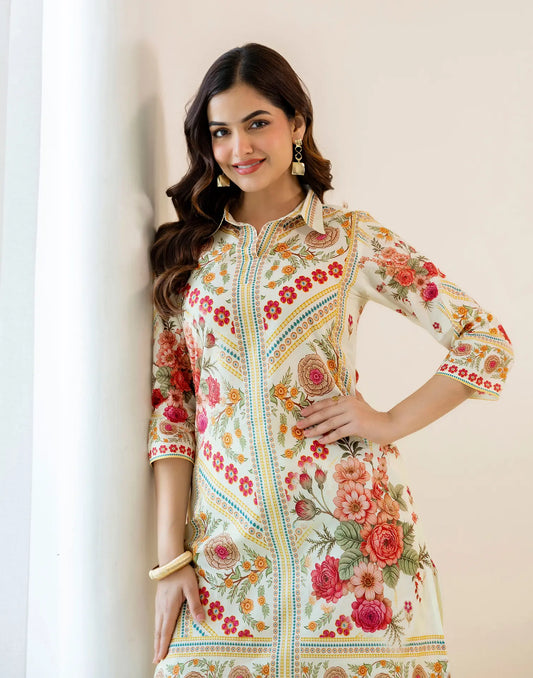 Cottage White Shirt Collar Digital Printed Palazzo Co-ords