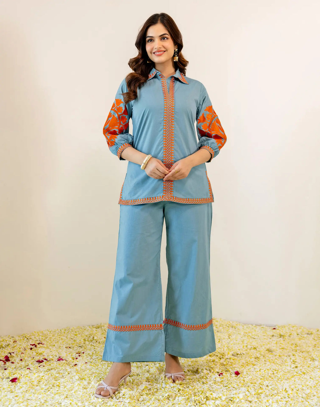 Skylee Viscose Embroidered Spread Neck Co-ord Set For Woman