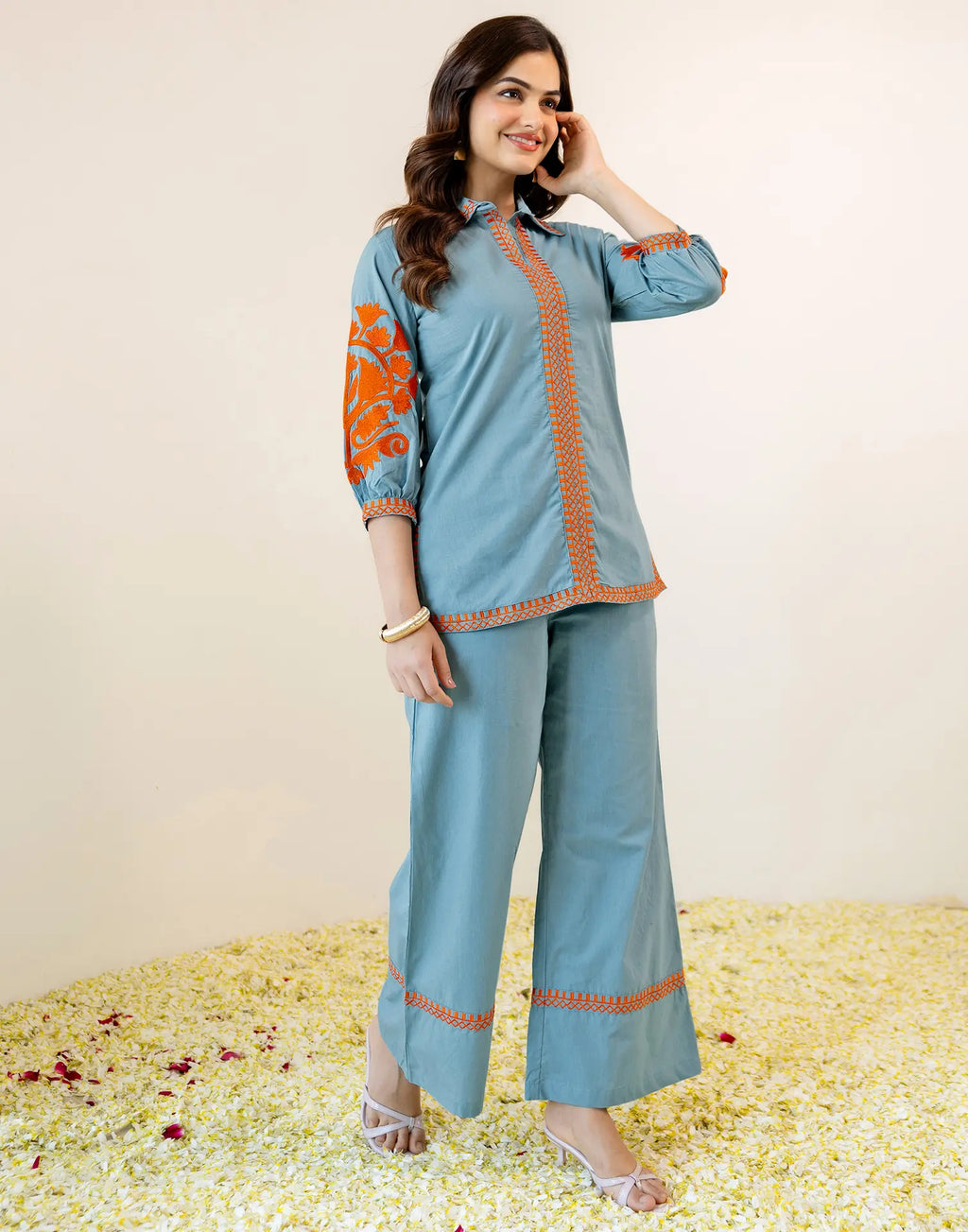 Skylee Viscose Embroidered Spread Neck Co-ord Set For Woman
