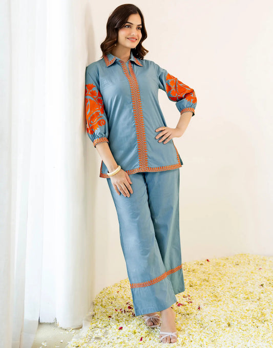 Steel Blue Collared Neck Floral Thread Embroidery Palazzo Co-ords