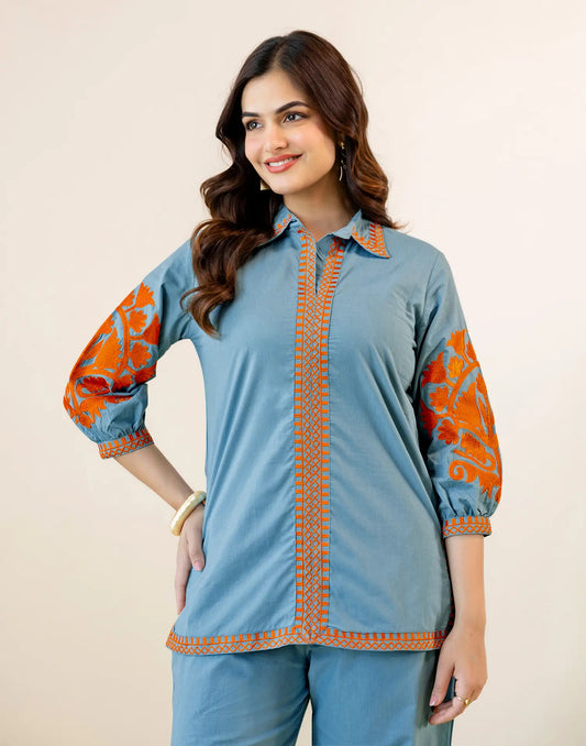 Steel Blue Collared Neck Floral Thread Embroidery Palazzo Co-ords