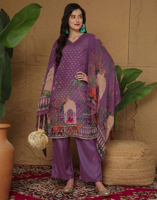 Silk Printed, Weaving and Mirror Work Straight Kurta with Pant & Dupatta