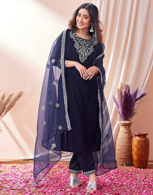 Velvet Embroidery Straight Kurta with Pant & Dupatta