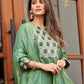 Mint Green Silk Plain Boat Neck 3/4 Sleeve Straight Kurta Set With Pant & Dupatta