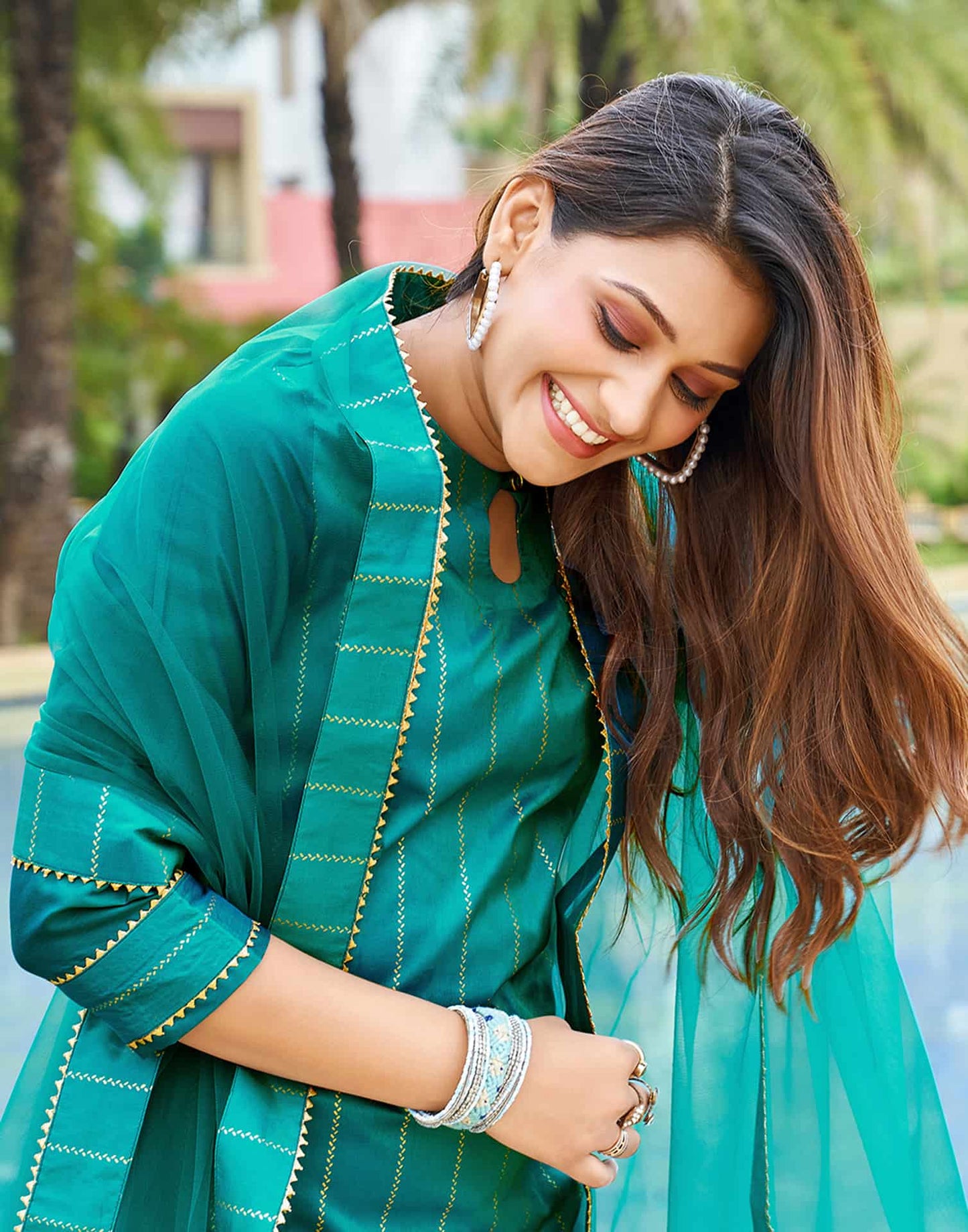 Silk Blend Foil Print and Lace Straight Kurta with Pant & Dupatta