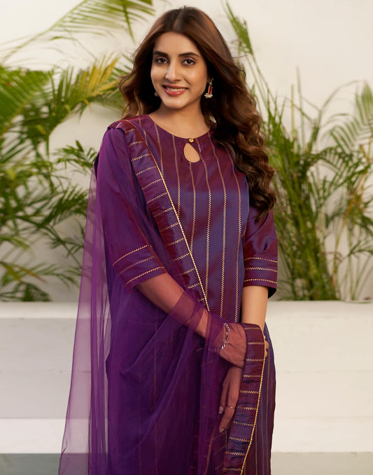 Silk Blend Foil Print and Lace Straight Kurta with Pant & Dupatta
