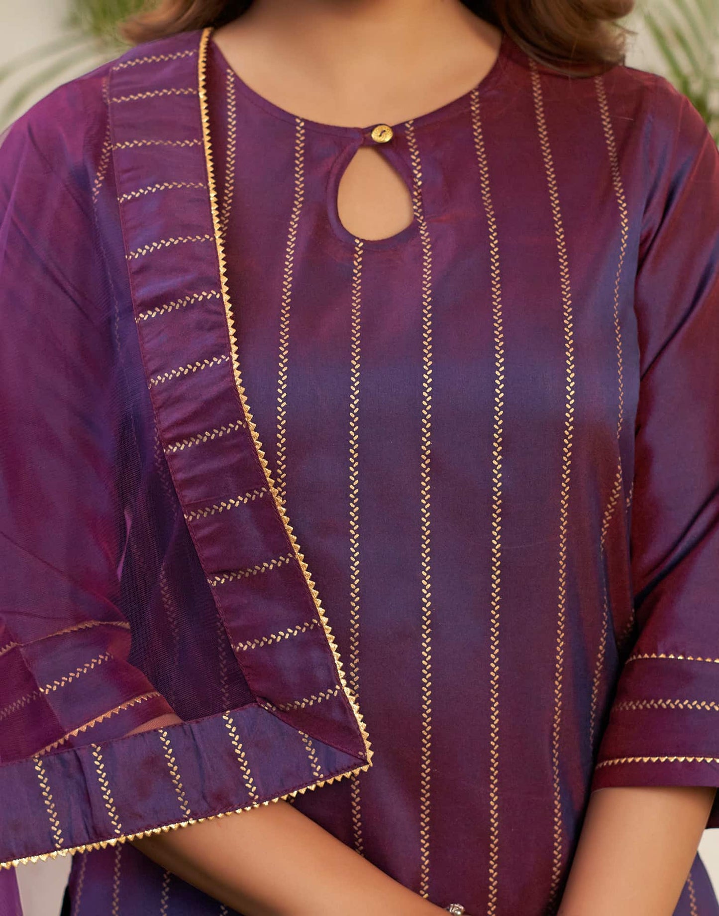 Silk Blend Foil Print and Lace Straight Kurta with Pant & Dupatta