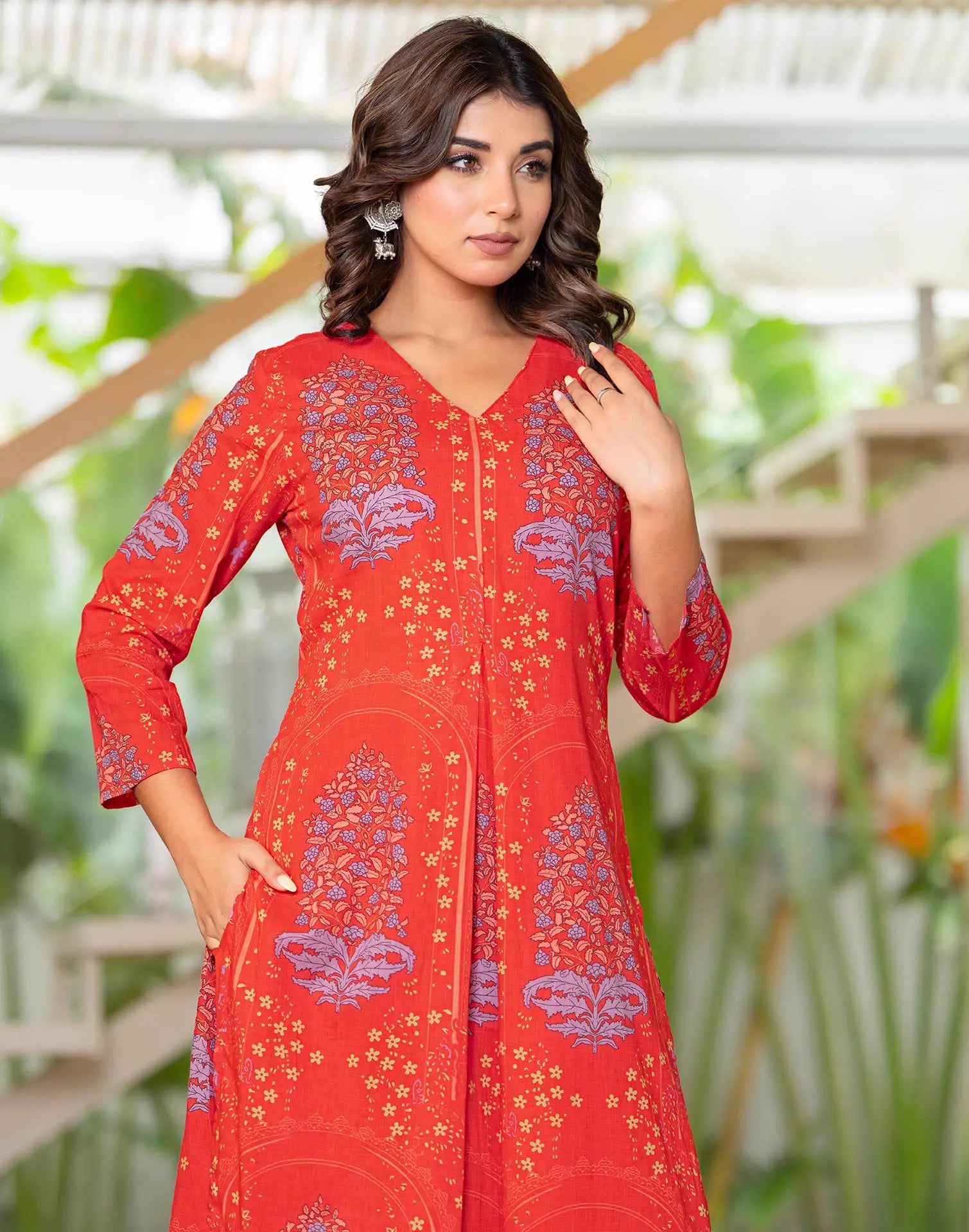 Skylee Cotton Printed V-Neck Co-ord Set For Woman