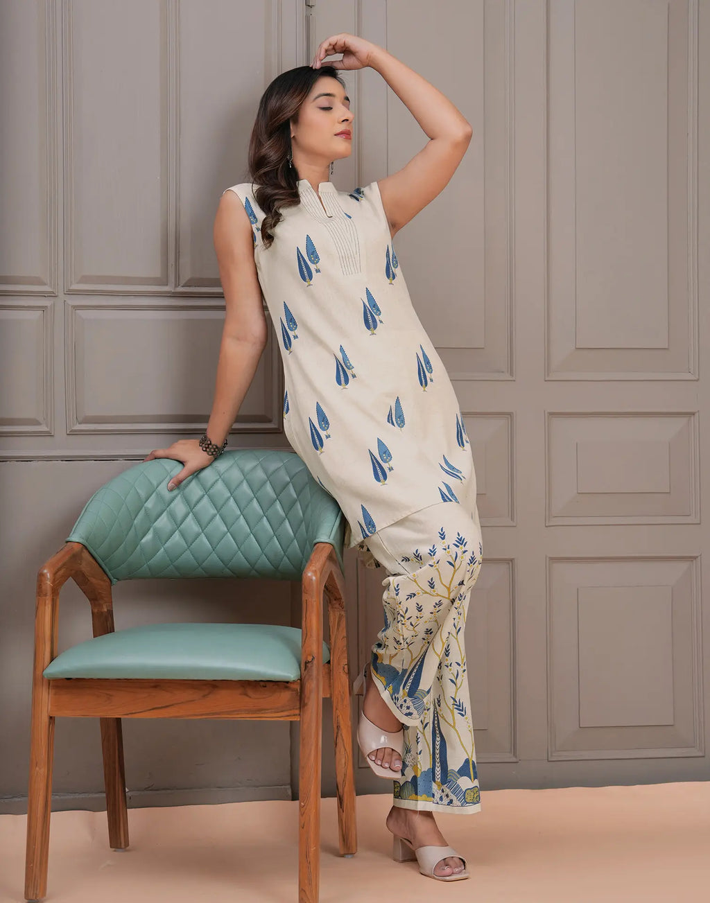 Skylee Cotton Printed Mandarin Collar Co-ord Set For Woman