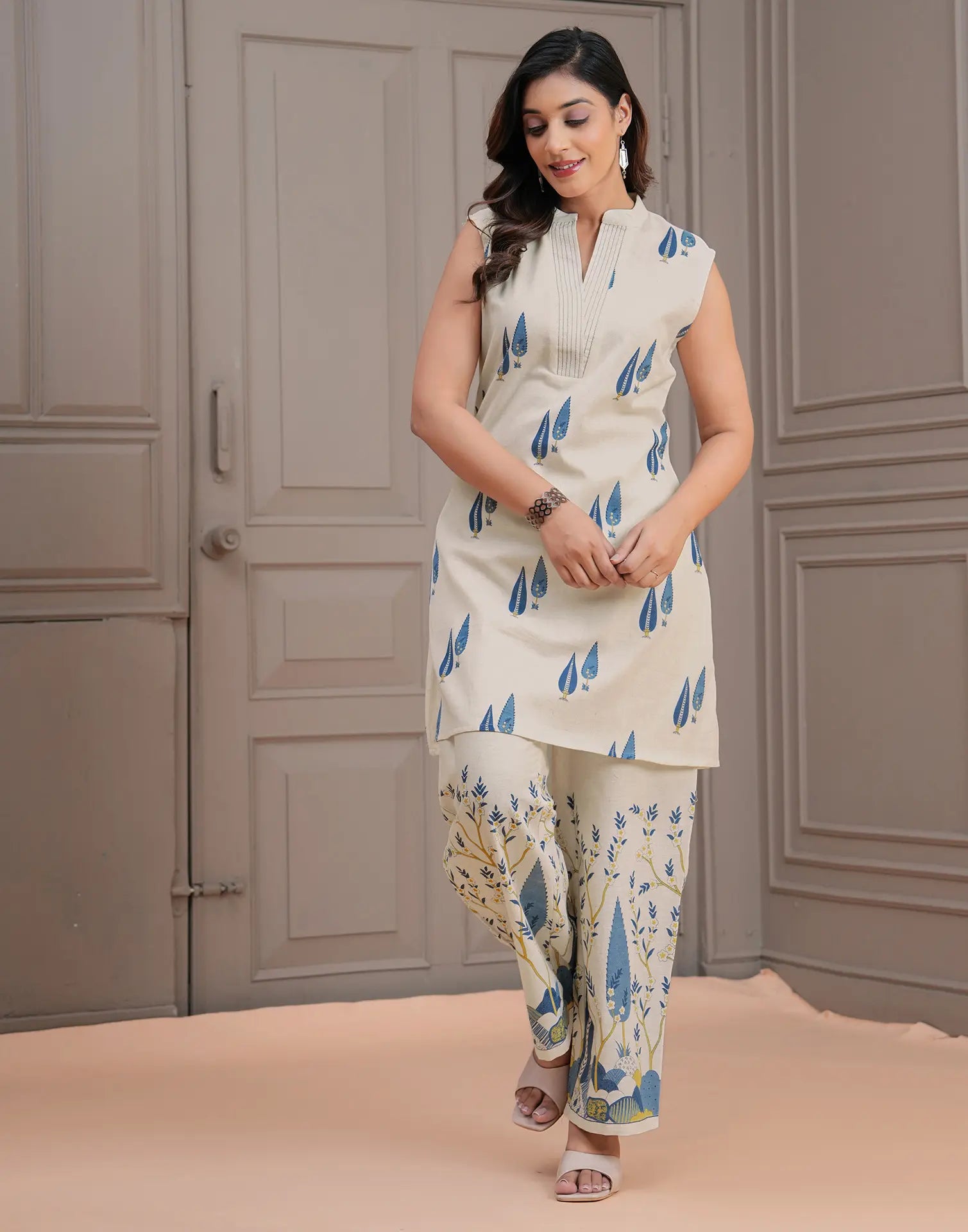 Skylee Cotton Printed Mandarin Collar Co-ord Set For Woman