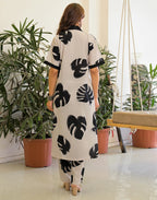 Off-White V-Neck Tropical Leaf Print A-Line Co-ord Set