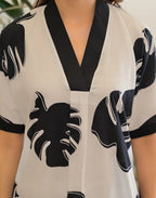 Off-White V-Neck Tropical Leaf Print A-Line Co-ord Set