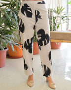 Off-White V-Neck Tropical Leaf Print A-Line Co-ord Set