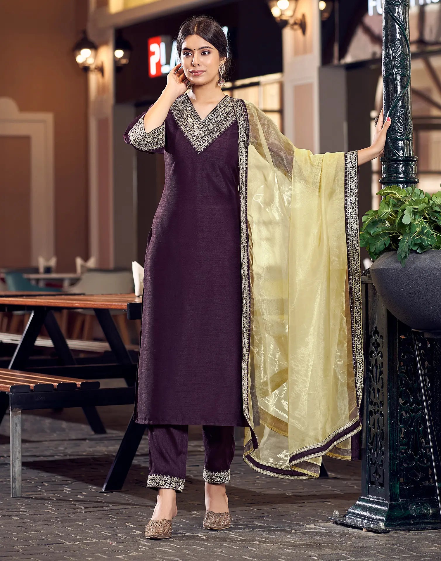 Silk Blend Embroidered Straight 3 Piece Kurta Set