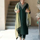 Dark Green Silk Plain V Neck 3/4 Sleeve Straight Kurta Set With Pant & Dupatta