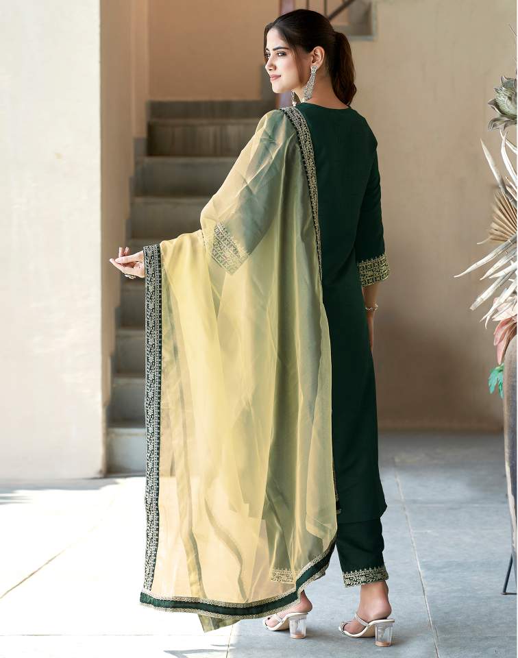 Dark Green Silk Plain V Neck 3/4 Sleeve Straight Kurta Set With Pant & Dupatta