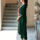 Dark Green Silk Plain V Neck 3/4 Sleeve Straight Kurta Set With Pant & Dupatta