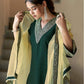 Dark Green Silk Plain V Neck 3/4 Sleeve Straight Kurta Set With Pant & Dupatta