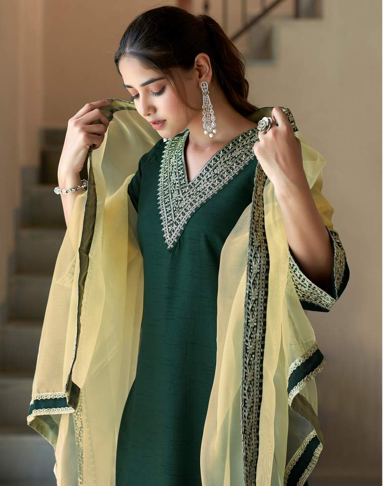 Dark Green Silk Plain V Neck 3/4 Sleeve Straight Kurta Set With Pant & Dupatta