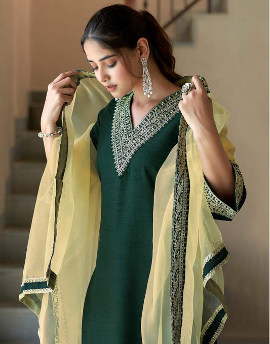 Dark Green Silk Plain V Neck 3/4 Sleeve Straight Kurta Set With Pant & Dupatta