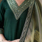 Dark Green Silk Plain V Neck 3/4 Sleeve Straight Kurta Set With Pant & Dupatta