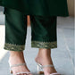 Dark Green Silk Plain V Neck 3/4 Sleeve Straight Kurta Set With Pant & Dupatta