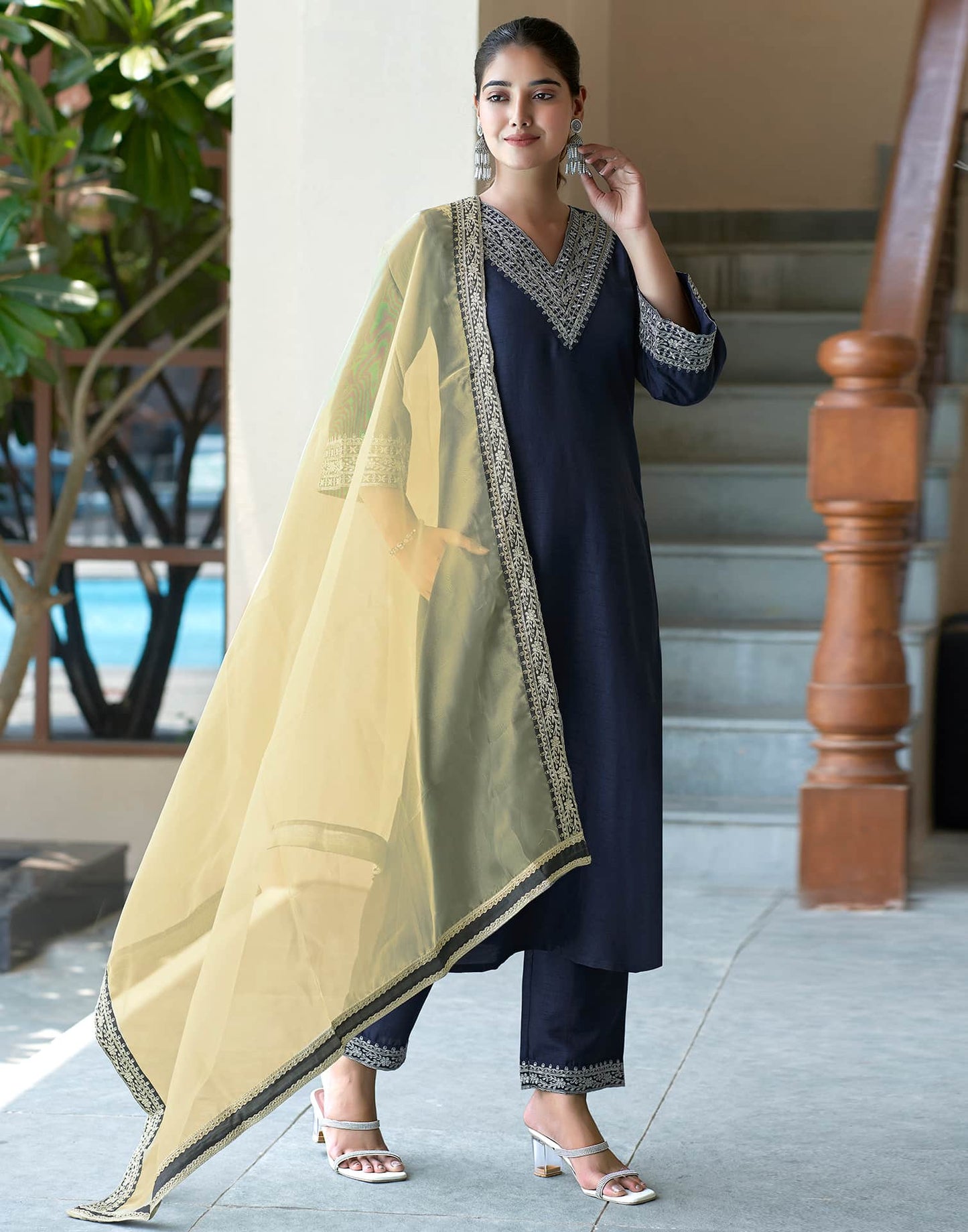 Silk Blend Sequins Embroidery Lace Straight Kurta with Pant & Dupatta