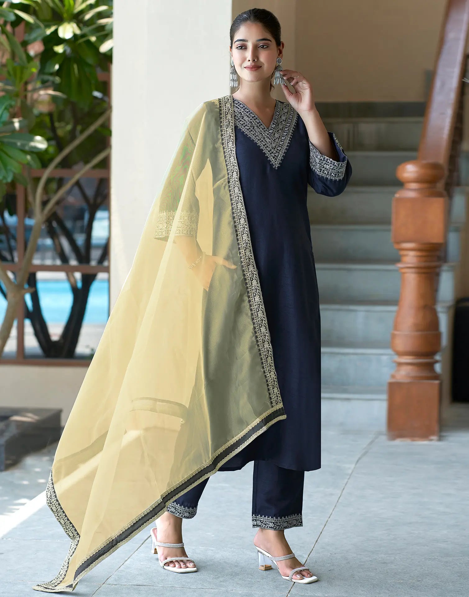 Silk Blend Embroidered Straight 3 Piece Kurta Set
