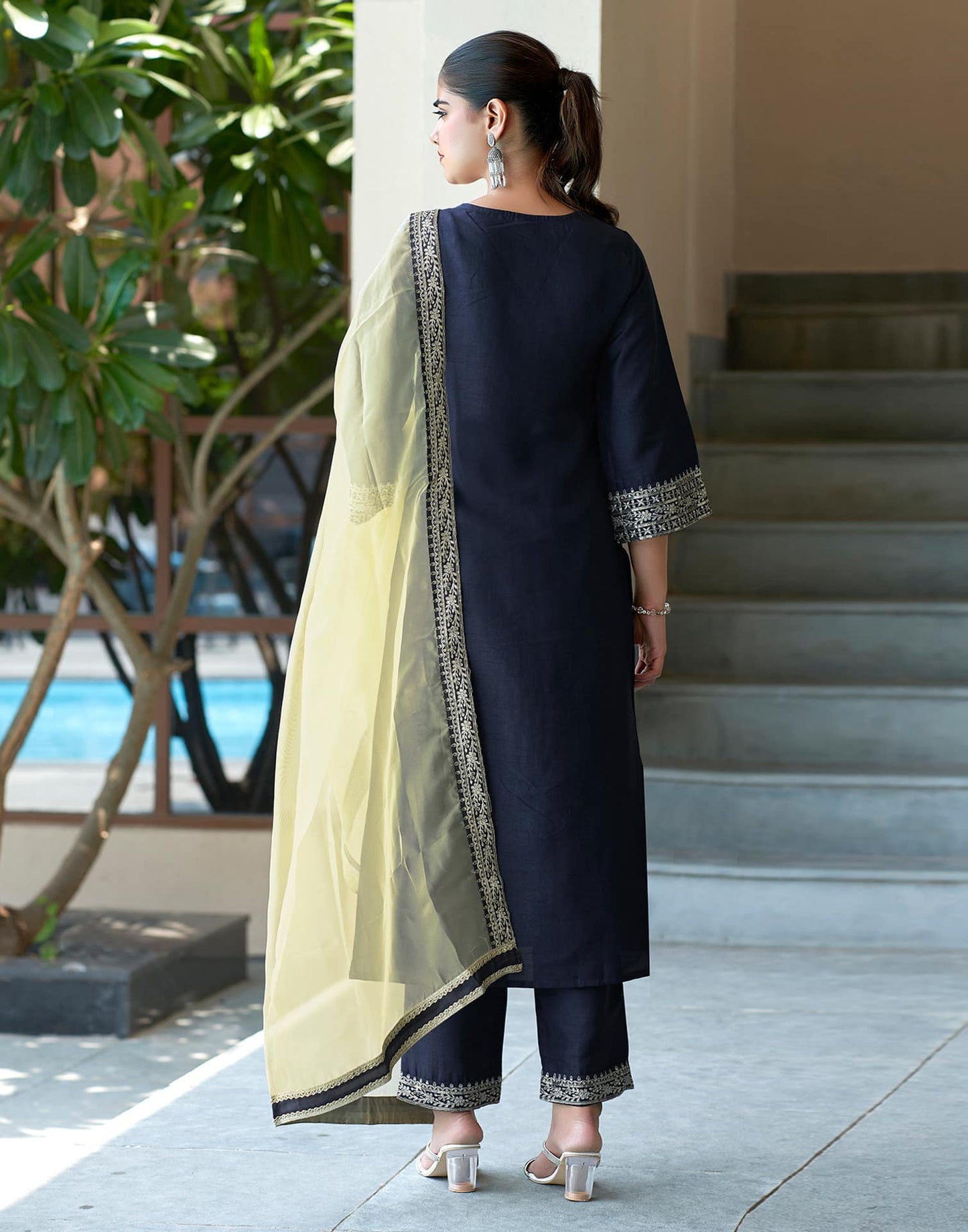 Silk Blend Sequins Embroidery Lace Straight Kurta with Pant & Dupatta