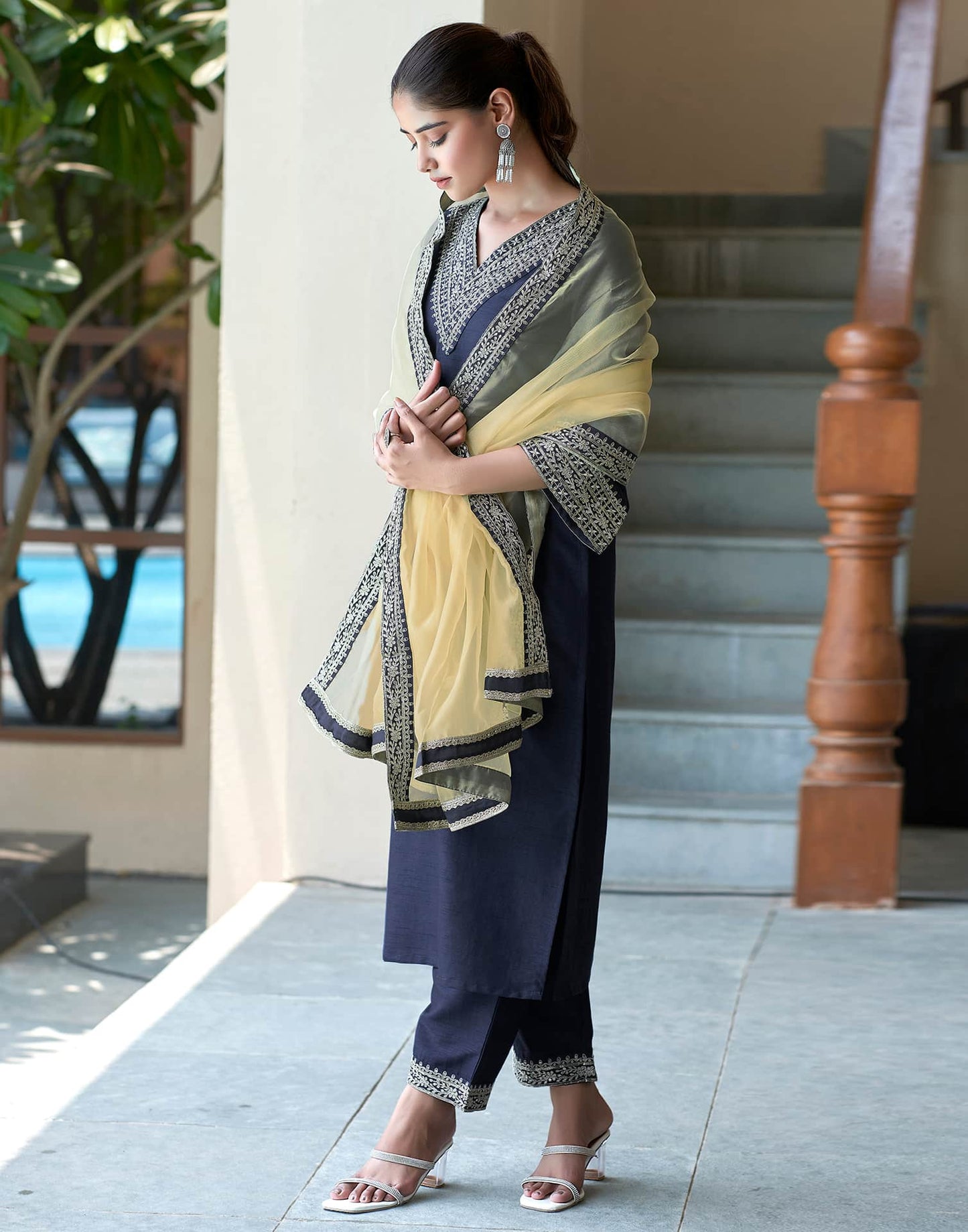 Silk Blend Sequins Embroidery Lace Straight Kurta with Pant & Dupatta