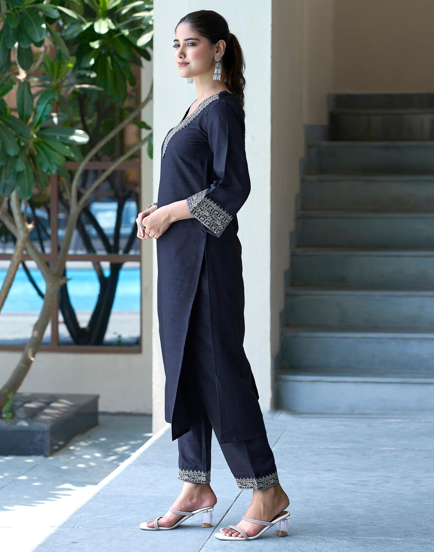 Silk Blend Sequins Embroidery Lace Straight Kurta with Pant & Dupatta